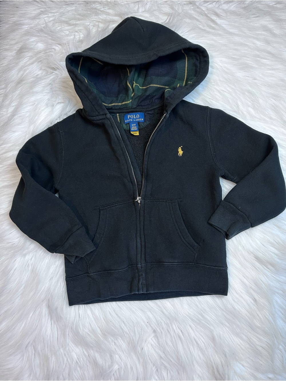 Polo Ralph Lauren Boys 4T Black Zip Hoodie Tartan Plaid Sweatshirt Pony Logo